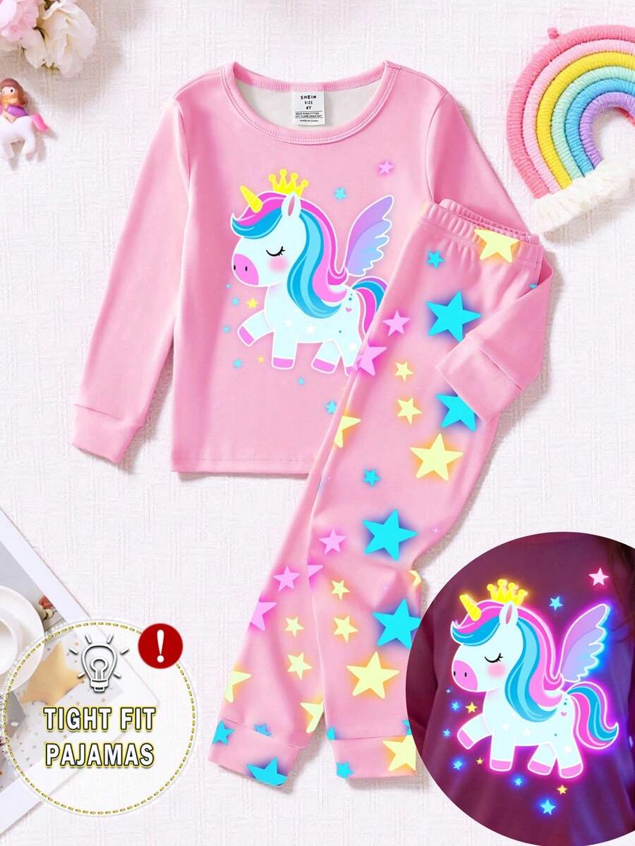 2 Piece Sets Snug Fit Pjs Young Girls Glow-In-The-Dark Cute Unicorn Print Crew Neck Knit Tight Fit Casual Comfortable Long Sleeve Top And Pants Pajama Set .This Product Requires UV Light Exposure To Glow.