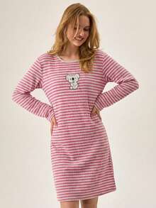 Loomlin 女士棉质撞色条纹圆领考拉刺绣家居服睡衣连衣裙 - 粉色 - 查看 5