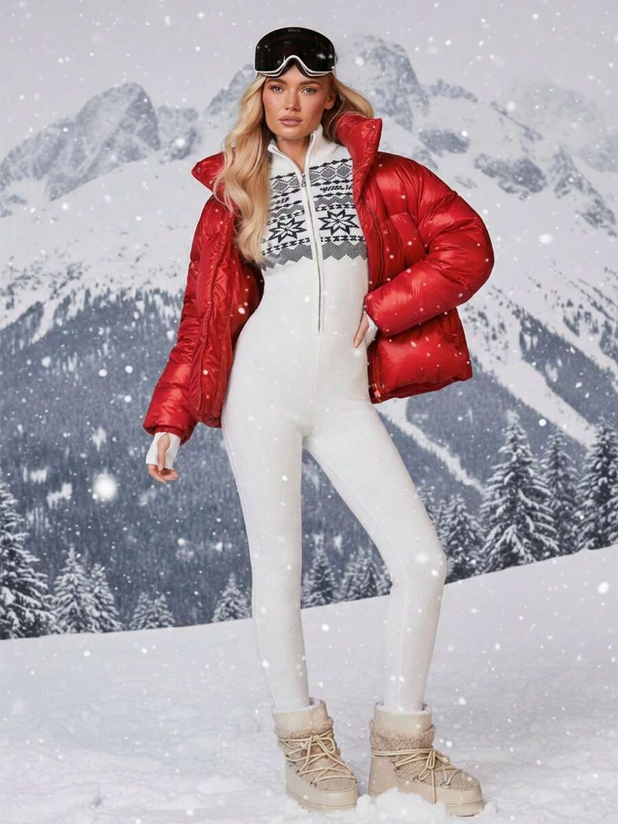 Athîral Women's Retro Pattern Zip-Up Jumpsuit - White - View 1