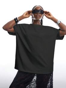 LYSMO Áo thun đen dáng rộng, đơn giản, màu trơn, vai rớt, dành cho nữ, thích hợp mặc hàng ngày đi làm. - Màu xám đen - Xem 5