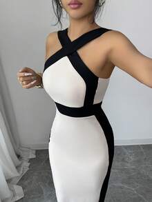 Rafferiza Women's Criss-Cross Color Block Fitted Midi Dress,Black And White Summer Elegant Party Bodycon Bandage Dress For Casual And Date Wear - Apricot - View 4