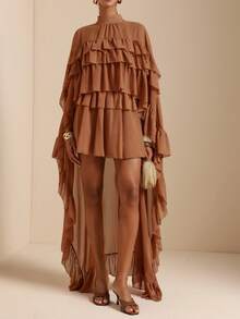 SHEIN Veneréa 女士优雅纯色雪纺层叠荷叶边裙 - 棕色 - 查看 4