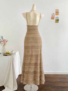 Franclia White Openwork Crochet Dress, Beach Vacation Style - Khaki - View 2