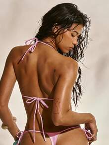 Musera Resort 金属色丁字裤后系带比基尼泳裤（仅限沙滩泳装）度假夏季假日可爱性感伊比沙岛优雅Y2K春季 - 粉色 - 查看 3