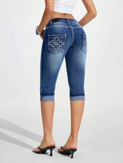 Jeanoix Women's Casual Washed Slim Fit Embroidered Pocket Jeans