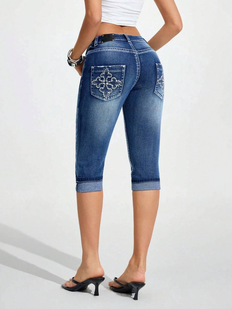 Jeanoix 女士休闲水洗修身刺绣口袋牛仔裤 - 藍色 - 查看 1