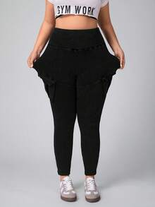 Flexra 大码女式高腰工装口袋紧身休闲牛仔裤 - 黑色 - 查看 4