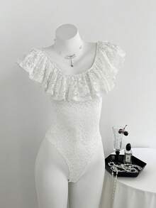 Elamini Women's Sexy White Lace Lingerie Bodysuit, Valentine's Day - White - View 3