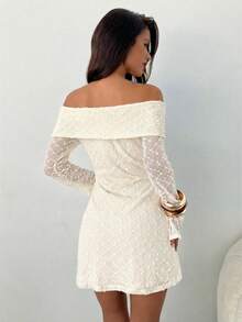 Aloruh 女士优雅提花露肩修身迷你连衣裙，适合派对和约会，春夏款 - 杏色 - 查看 3