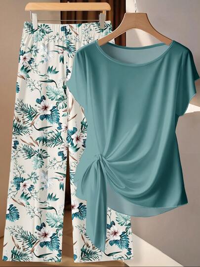EMERY ROSE Plus Size Women's Solid Light Bat Sleeves Side Knot Solid Teal Blue Top And Floral Branches And Leaves Pattern Pants Two Pieces Suit, Mother Of The Bride Outfit, Elegant Women's Party Event Outfit, Wo