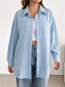 Shapeblank Plus-Size Women's Spring/Summer Fashion Casual Loose Comfortable Everyday Basic Versatile Light Blue Button Long-Sleeved Shirt,Spring Clothes,Oversize Tops,Women Blouse,Simple Style Baby Blue Shirt Light Blue Shirt Oversized Shirt - Blue - View 4