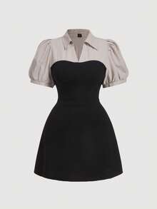 SHEIN MOD Plus Size Blue & White Stripe Patchwork Black Elegant Commuter 2 In 1 Dress Suit - Brown - View 1