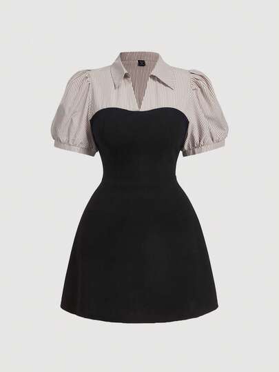 SHEIN MOD 大码蓝白条纹拼接黑色优雅通勤二合一连衣裙套装