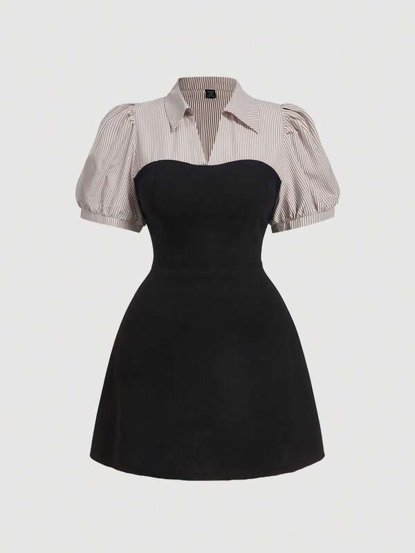 SHEIN MOD 大码蓝白条纹拼接黑色优雅通勤二合一连衣裙套装