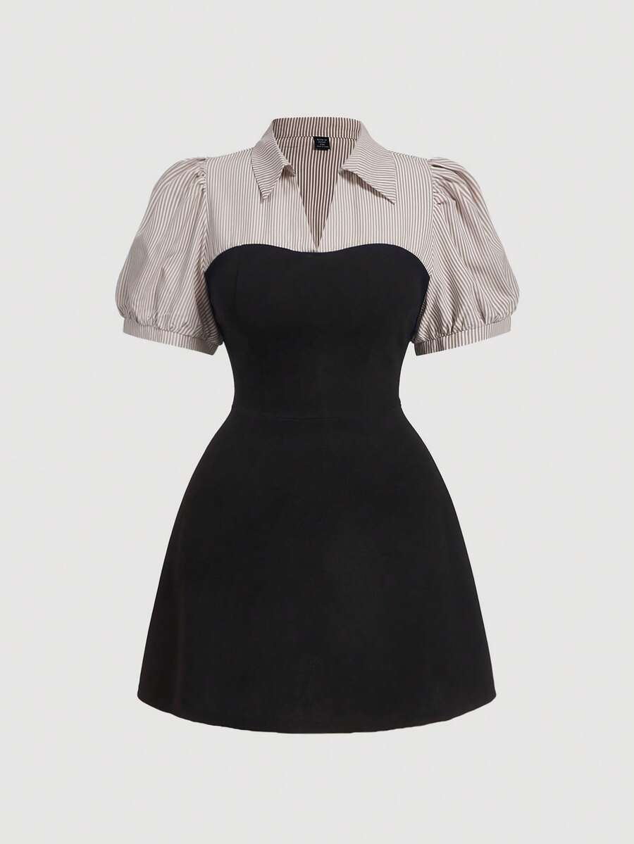 SHEIN MOD Plus Size Blue & White Stripe Patchwork Black Elegant Commuter 2 In 1 Dress Suit - Brown - View 1