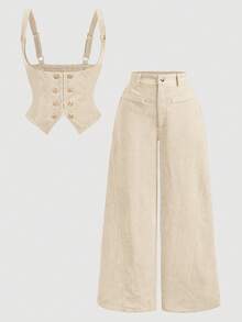 SHEIN MOD Plus Size Retro Corduroy Camisole Double-Breasted Bra Top & Wide Leg Pants 2 Pieces Set - Beige - View 6