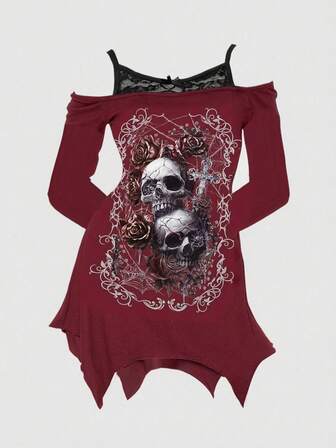 Goth Camicetta asimmetrica con stampa di rose e teschi, scollo spalle scoperte, maniche lunghe, stile gotico, taglie comode, colore nero