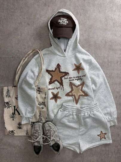 2 pc Conjunto suadera y short mujer sudadera con capucha short resorte estampado ESTRELLA IMITACION MEZCLILLA CAFÉ otoño invierno cómodo excelente calidad