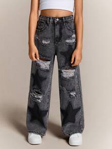 Radiana Y2K Grunge Punk Girls' Loose Fit Distressed Star Patched Contrast Color Wide Leg Boy Friend Jeans, School,Streetwear - Black - View 6