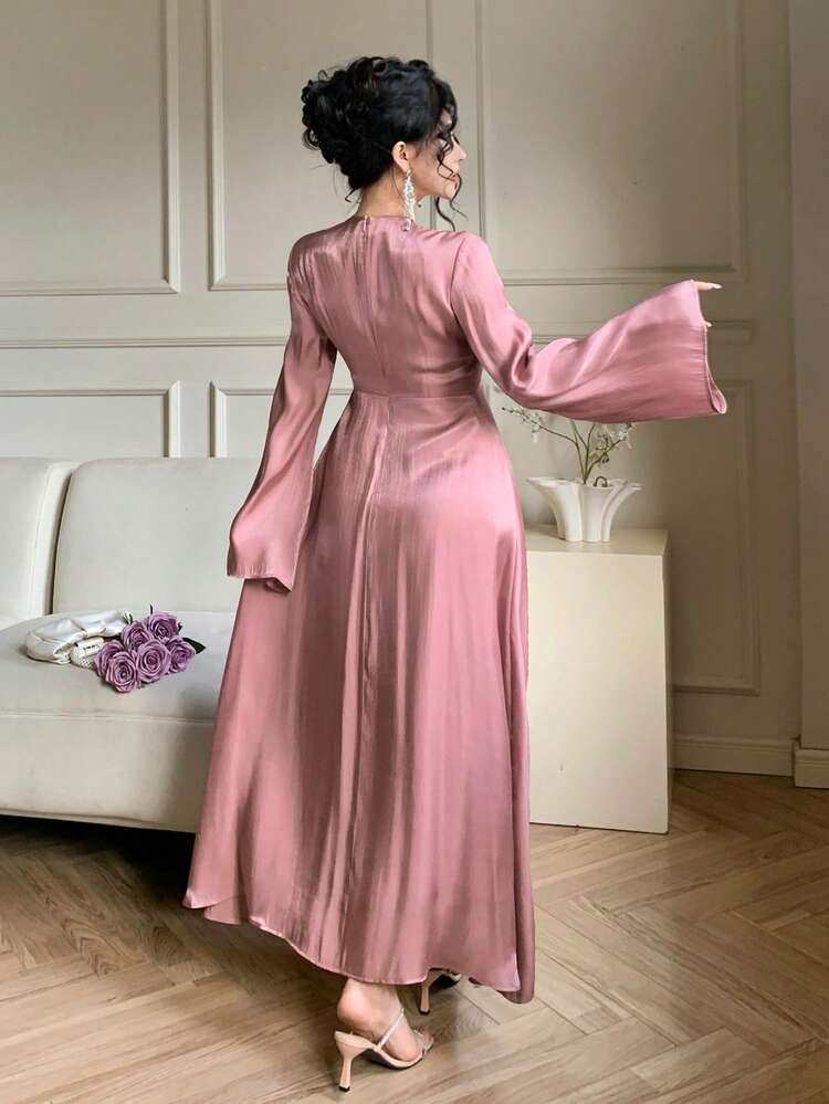 Women's Elegant Solid Color V-Neck Flare Sleeve Dress, Spring/Summer Wedding Guest Dress Sundress