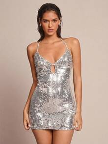 Glamine Women's Sexy Backless Sequin Strap Slip Dress, Fashionable For Party And Gathering Sexy Birthday Dress Sequin Women Dresses Glittery Dress Sequence Dress Silver Sequin Dress - Silver - View 4