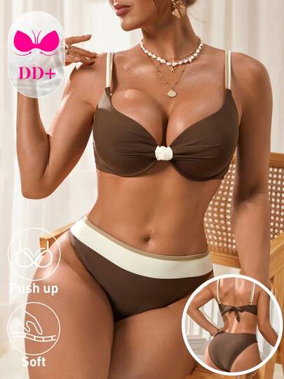 Swim DD+ 2 piezas Conjunto de bikini con aros y relleno para mujer, diseño de bloques de color adelgazante, adecuado para la playa y vacaciones, verano