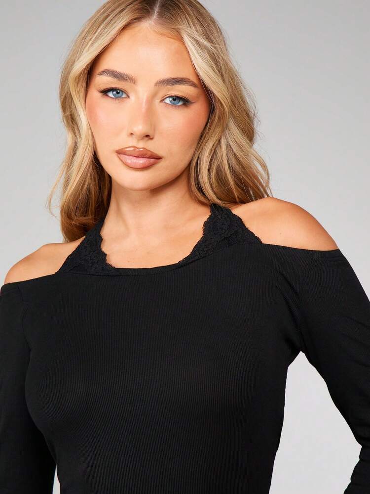 MISSGUIDED Cold Shoulder Ribbed Bodycon Mini Dress Long Sleeve Halter Neck Tie Detail