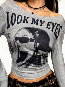 INAWLY Camiseta de manga larga con hombros descubiertos con estampado de letras y retratos para mujer - Gris - Ver 6
