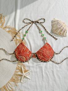 Swim Vcay Women's Floral Print Beaded Halter Bikini Top,Green Summer Boho Beach Holiday Valentine's Day Carnival Party Casual Vacation Bathing Suits Swimwear - Multicolor - View 1