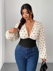 Elenzga Große Größen Damen sexy anliegende V-Ausschnitt Polka Punkt Muster Langarm Bluse - Aprikosenfarben - Übersicht 5