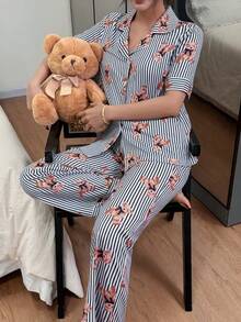 SHEIN Napfluff Women's Casual Loose Striped Bear Print Lapel Short Sleeve Pajama Set - Blue - View 4