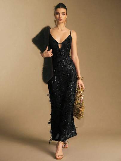 Poéselle 女士时尚亮片露背吊带连衣裙，适合派对穿着