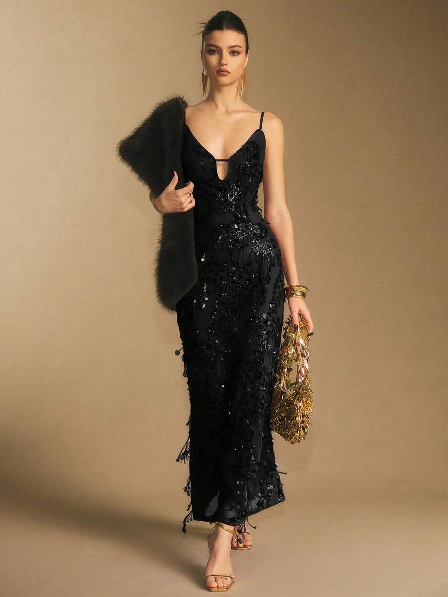 Poéselle 女士时尚亮片露背吊带连衣裙，适合派对穿着 - 黑色 - 查看 1