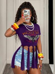 BamGleam 女士夏季时尚街头字母和摩托车印花短袖流苏下摆T恤衫 Pride Havana Nights - 紫色 - 查看 5