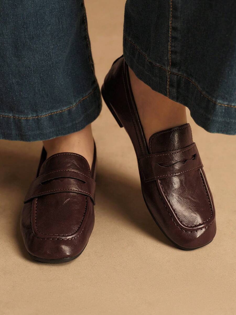 Rosivie 女士PU皮革休闲百搭乐福鞋，适合日常穿着 - 咖啡棕 - 查看 1