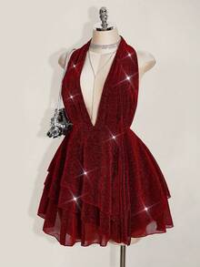 SHEIN ICON 大码女士闪亮性感深V不对称下摆吊带连衣裙 - 酒紅色 - 查看 4