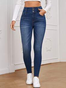 EMERY ROSE Casual Washed High Waist Slim Fit Jeans - Blue - View 4