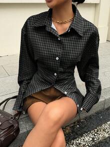 复古格子收腰长袖衬衫，女士秋冬款 - 黑與白 - 查看 3