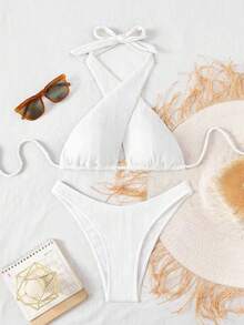 Swim SXY 2 bộ đồ bơi mùa hè dành cho nữ, màu trơn, kiểu buộc dây phía sau, chất liệu dệt kim. - trắng - Xem 3