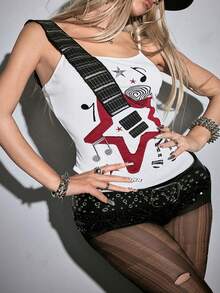 ROMWE Grunge Punk Áo nữ cỡ lớn không tay kiểu dáng thường ngày với họa tiết nốt trầm rock dễ thương. - trắng - Xem 8