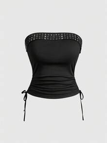 Grunge Punk Plus Size Dark Punk Rivet Design Cropped Camisole - Black - View 1