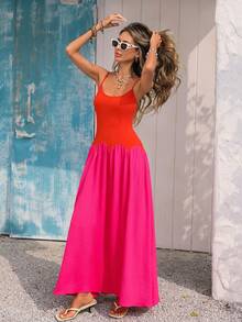 Vivid Eden 女士撞色极简休闲吊带长裙，夏季服装，情人节，女士度假装，女士沙滩装，节日，浪漫，波西米亚风，甜美，锐舞节装，热带度假装，嘉年华，假期，度假风，夏季沙滩裙，返校连衣裙，简约装扮，女士乡村风，职业装，复古风，教师装，约会装，毕业季连衣裙，女士连衣裙，春夏休闲连衣裙，夏季连衣裙 - 橘色 - 查看 5