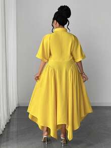 Maweii Women's Spring/Summer Vacation Minimalist Fashion Short Shirt Collar Blouse & Asymmetric Hem Loose Midi Skirt Set, Yellow Casual Daily Wear, New Design Plus Size Two Pieces Brunch Outfits For Curve Lemon Dress Plus Size Yellow Dress Curve - Yellow - View 2