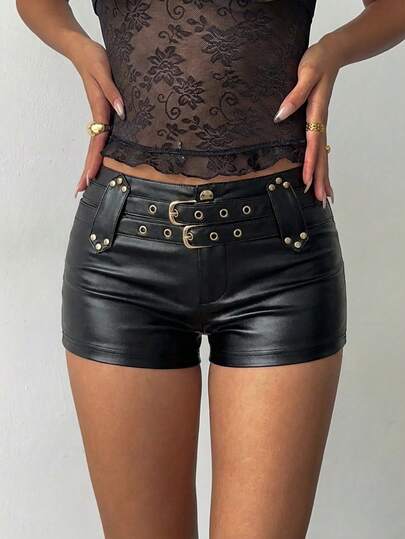 Aloruh 女士黑色PU超低腰迷你铆钉装饰双层腰带短裤