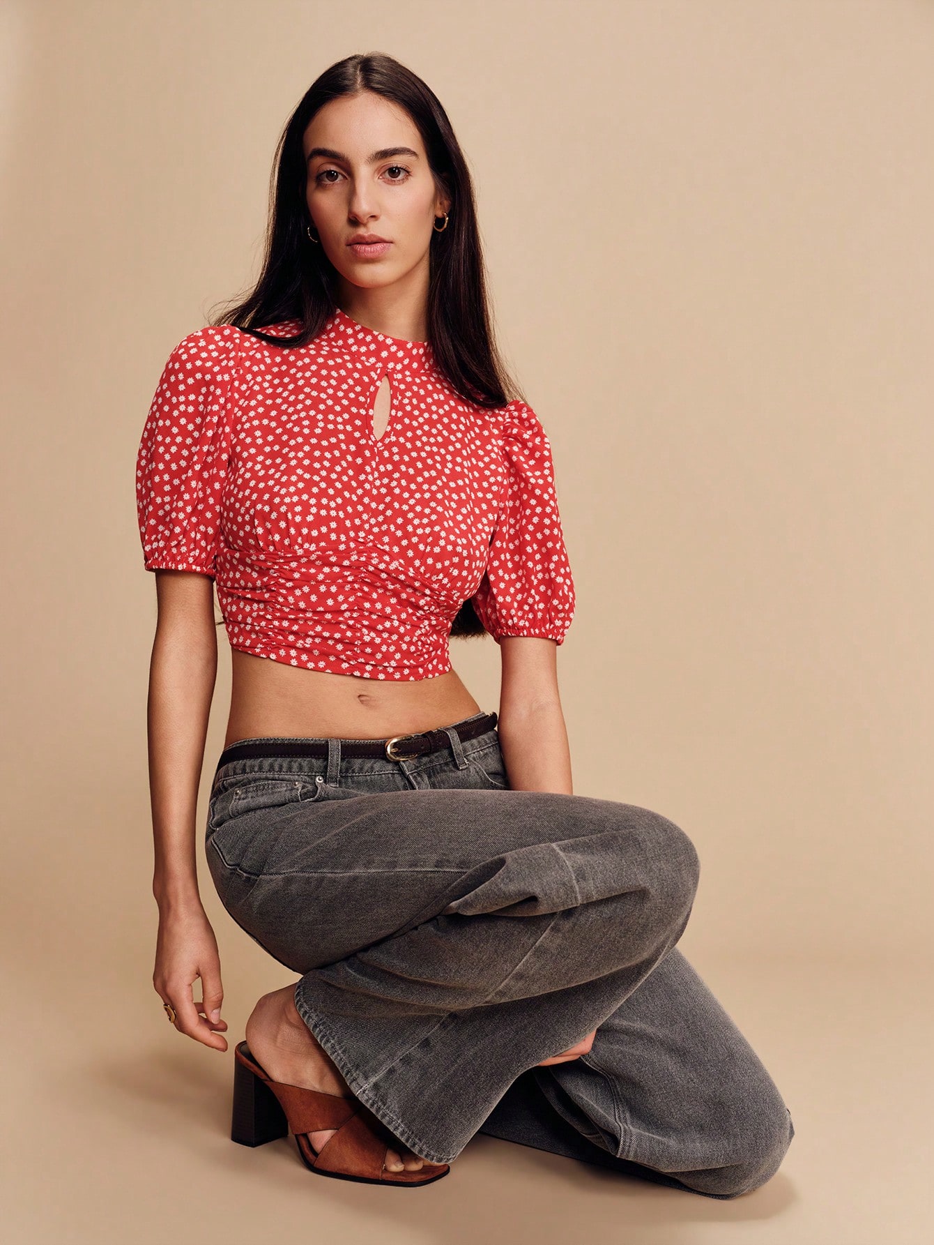 Red Mini Vintage Floral Print Blouse With Puff Short Sleeves And Tie Back Bow Detail French Style Parisian Style Ditsy Floral Top Cropped Tops Crops Top Shirts For Woman Cropped Blouse