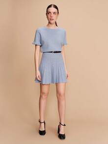 lacRébo Soft Knit Sky Blue Knitted Short Ruffle Sleeve Mini Dress With Pleated Detail Spring Cosy French Style Parisian Style