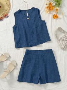 EMERY ROSE Women's Casual Round Neck Sleeveless Top And Shorts Set, Loose Fit Two Pieces Outfit - Blue - View 3