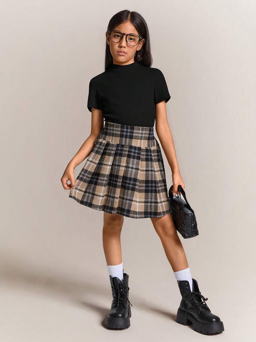 Radiana Tween Girls Black Ribbed Knit Crop Top And Khaki Plaid Pleated Skirt 2 Pieces Outfit, Casual And Collegiate Style - Khaki - View 1