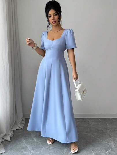 Elenzga Damklänning med fyrkantig krage, kupaformad fuskbyst, vintage midjeband, puffärm, knälång klänning, elegant och sofistikerad, fransk retro romantisk minimalistisk stil, lämplig för kontor, pendling, business, casual, strand, dejt, vår/sommar ny ankomst