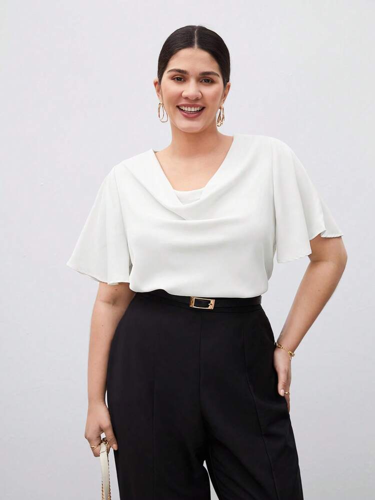 SHEIN Maija Plus Size Women Solid Color Loose Fluttering Sleeve Blouse, Versatile For Urban Commute, Business Casual, Summer, Elegant White Plus Size Top Plus Size White Top Plus Size Blouses White Curvy Blouses White Top For Women Plus St Patrick's Day Women Easter Summer Easter Women Party Top Beach Summer Holidays Each Vacations For Women Summer For Women Going Outs Graduation Graduation Casual Es Casual Blouses For Women